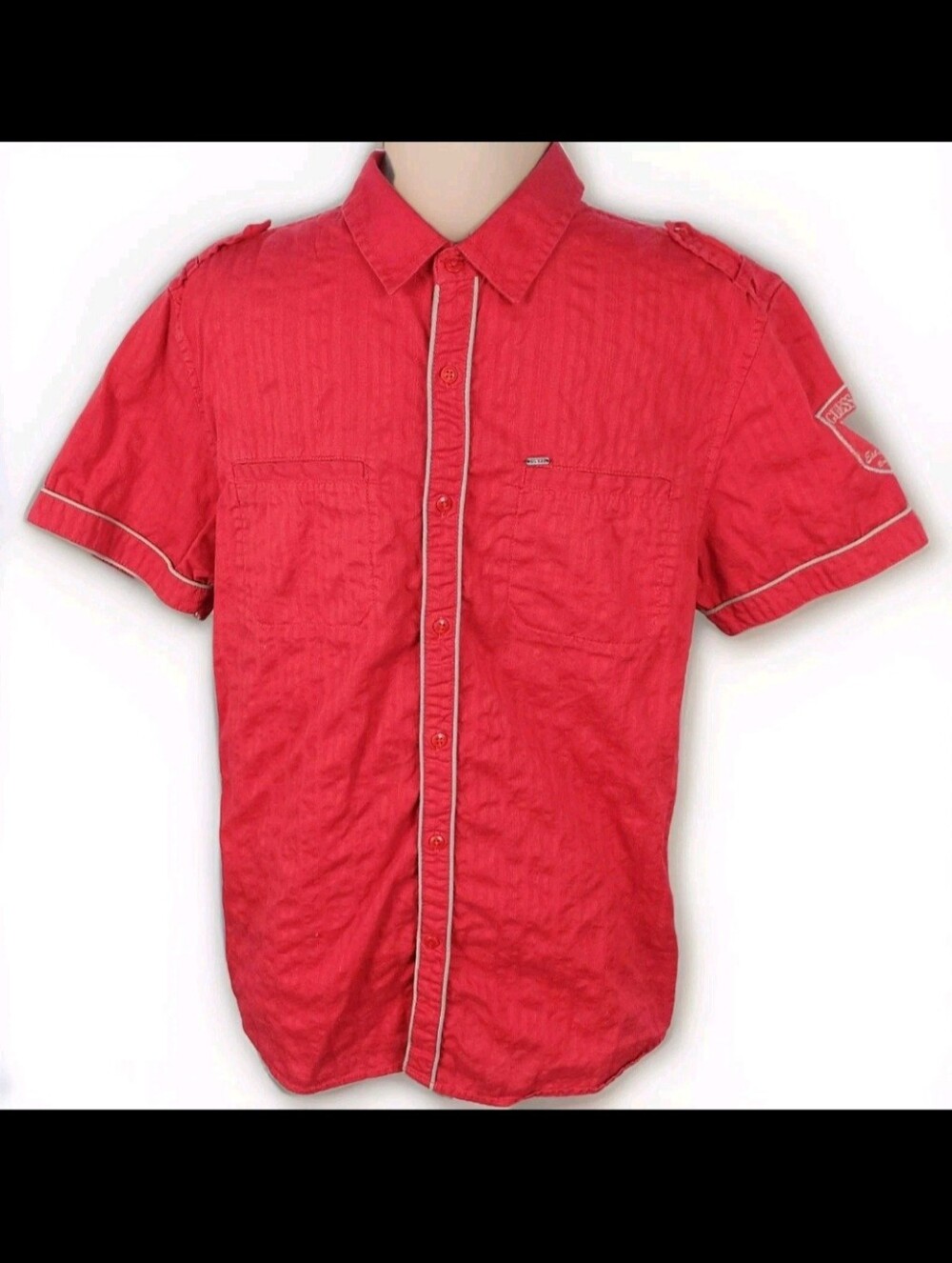 GUESS Red Military Crest Button Down Shirt - Short Sleeve Men's Med. 100% Cotton
